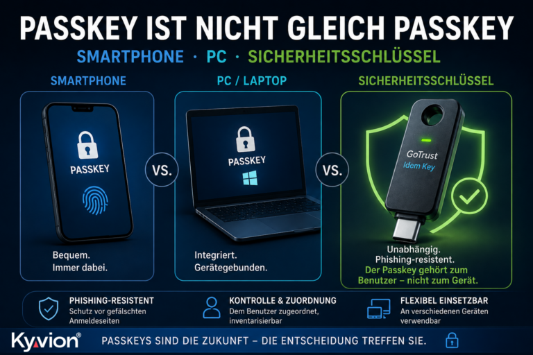 Passkey auf Smartphone, PC oder Sicherheitsschlüssel – was ist für Unternehmen die beste Lösung? | Kyvion Security Blog