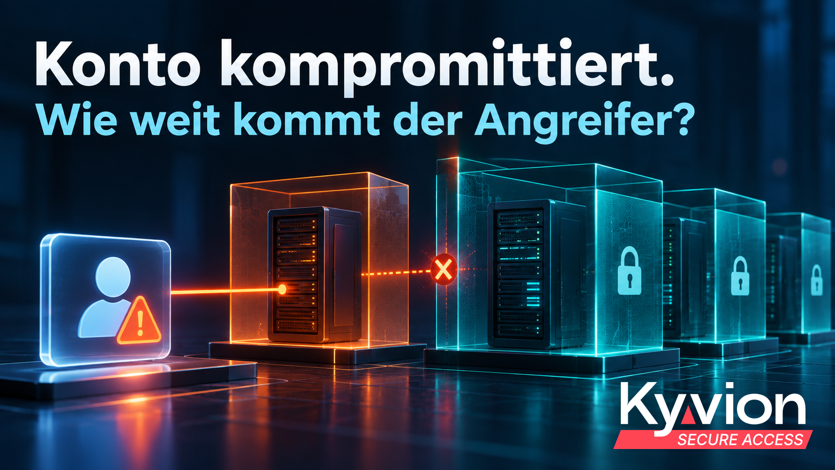 Kompromittiertes Benutzerkonto mit Verbindung zu einem Server; eine gesperrte Grenze zu weiteren Servern symbolisiert die Begrenzung der Angriffsreichweite.