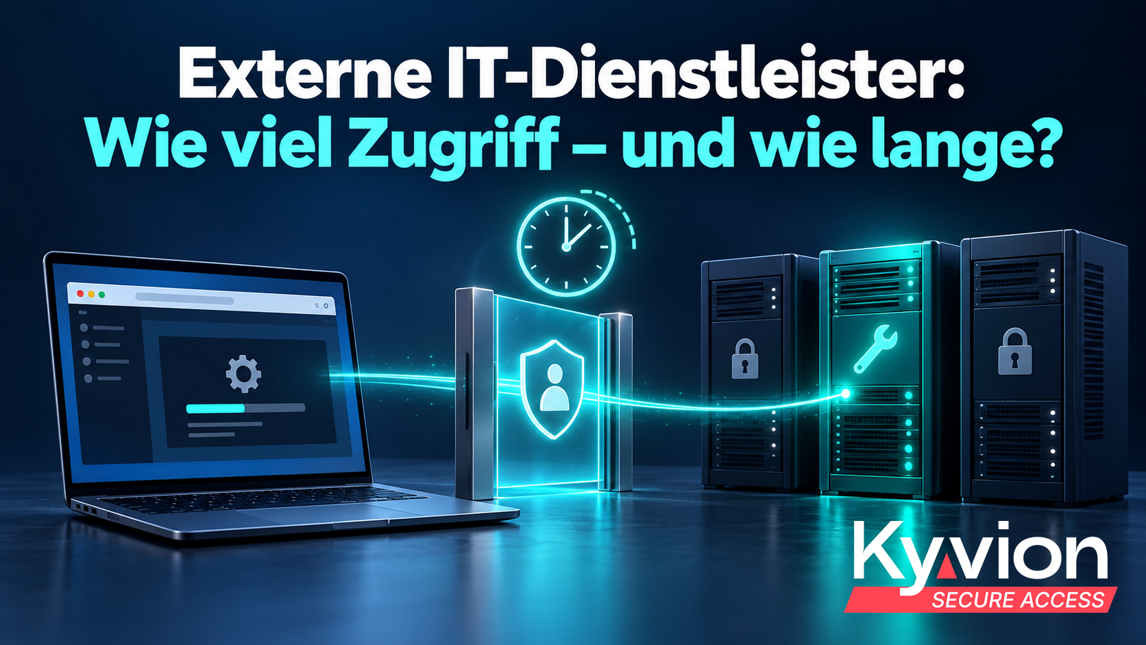 Browserbasierter Wartungszugriff auf einen ausgewählten Server; gesperrte Nachbarserver und eine Uhr symbolisieren begrenzte Zugriffsrechte und Nutzungsdauer.