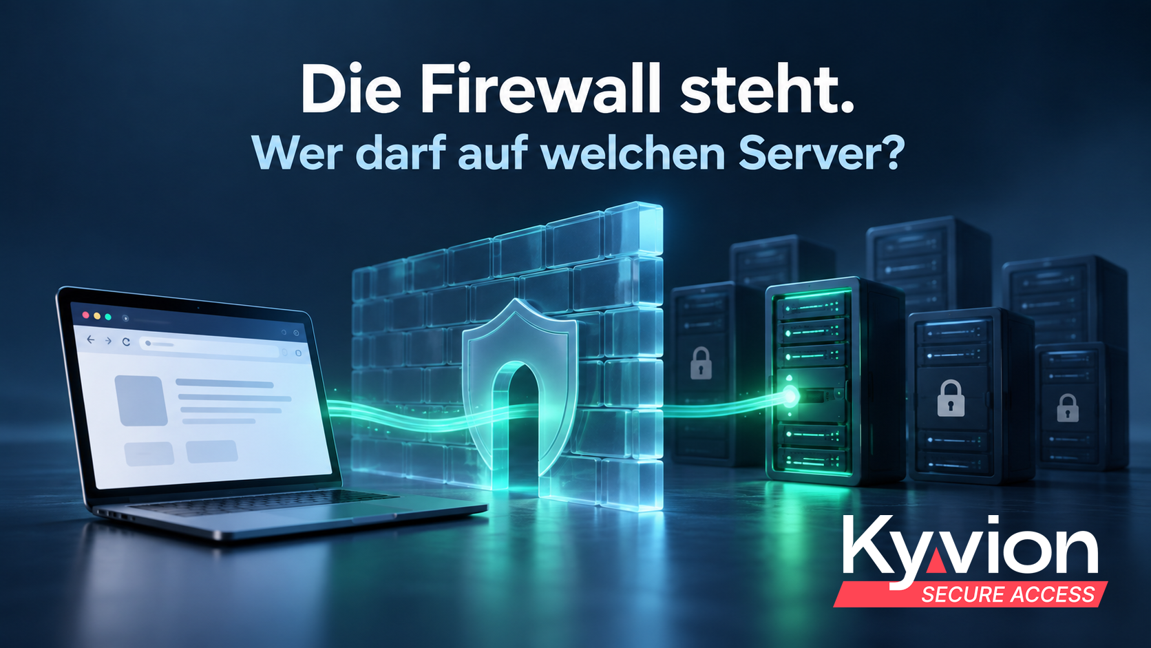 Illustration eines Browserzugriffs durch eine Firewall auf einen freigegebenen Server, während weitere Server mit Schloss-Symbolen gesperrt bleiben.